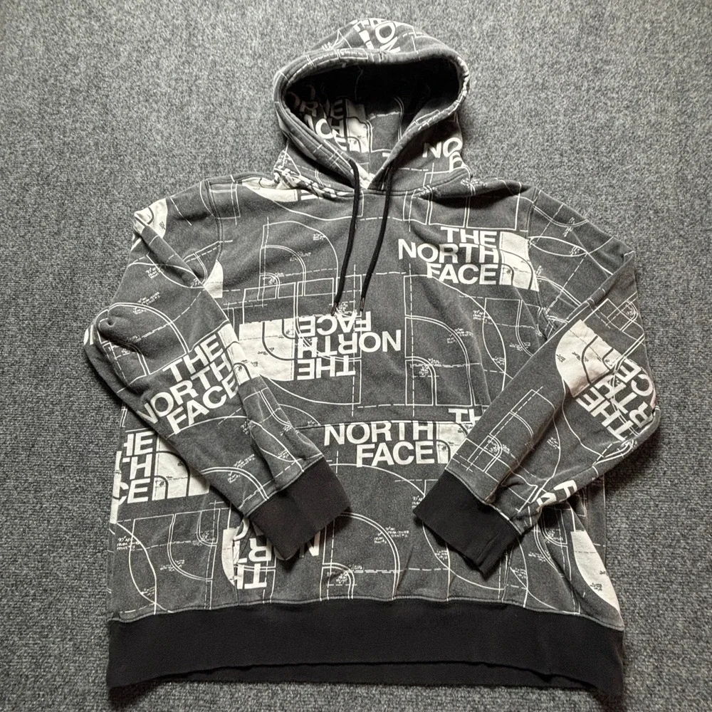 The North Face Mens XXL Blueprint Logo All Over Print Hoodie Grey White Fleece